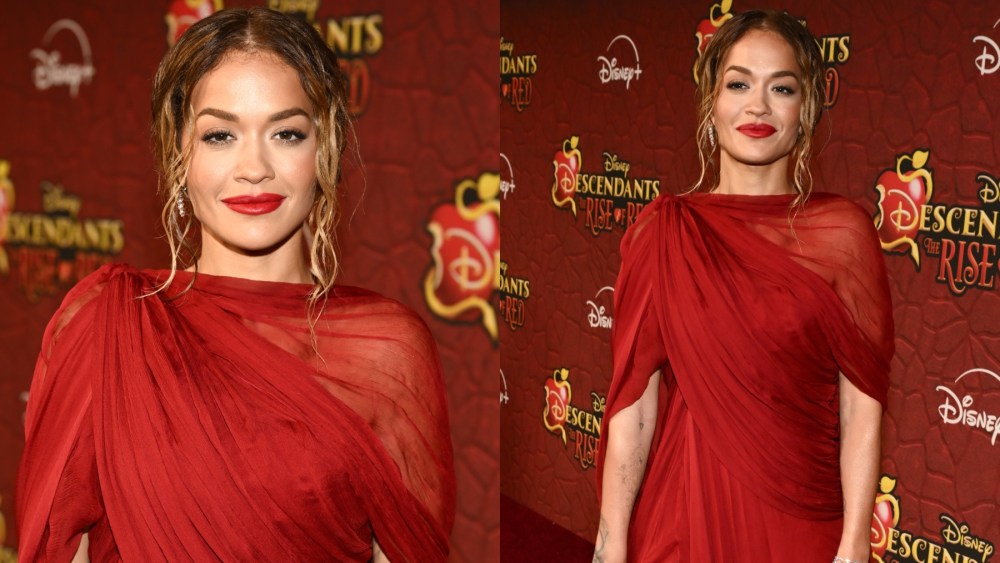 Rita Ora red dress at the "Descendants: The Rise Of Red" premiere on July 10 in Los Angeles, draped red gown, Cartier, red carpet