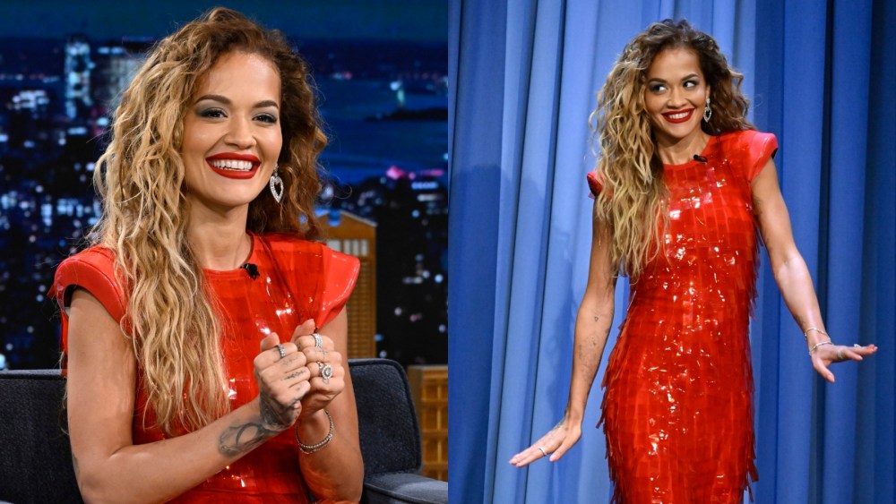 Rita Ora on "The Tonight Show Starring Jimmy Fallon" on July 9, sequins, shoulder pads, Sportmax, red dress, Chopard