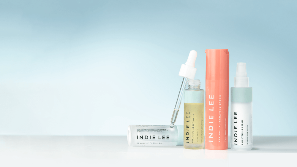 Skin care offerings by 2010-founded Indie Lee, including a CoQ-10 Toner, Brightening Cleanser and Squalene Facial Oil.