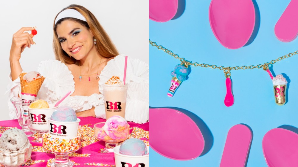 Susan Korn of Susan Alexandra models the Ice Cream Social necklace, Baskin-Robbins, national ice cream day, jewelry, collaboration, charms