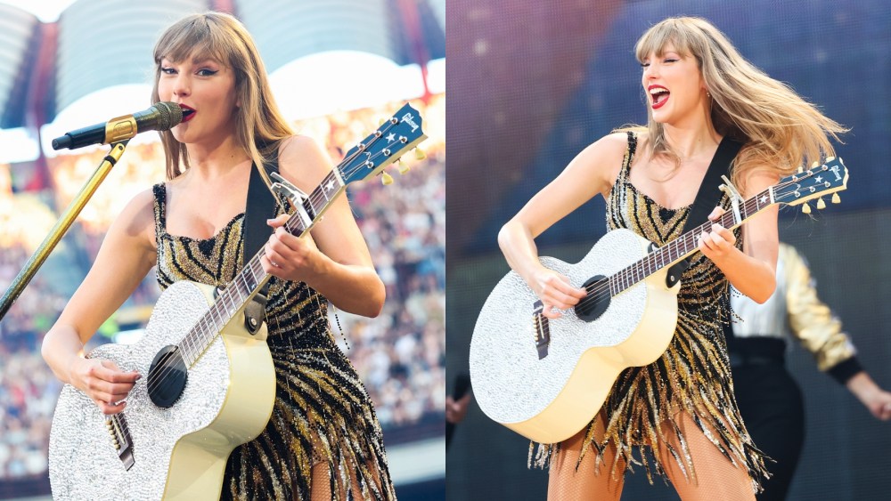 Taylor Swift performs onstage during the Eras Tour on July 13 in Milan, Roberto Cavalli, fringe minidress, Fausto Puglisi, ray of gold