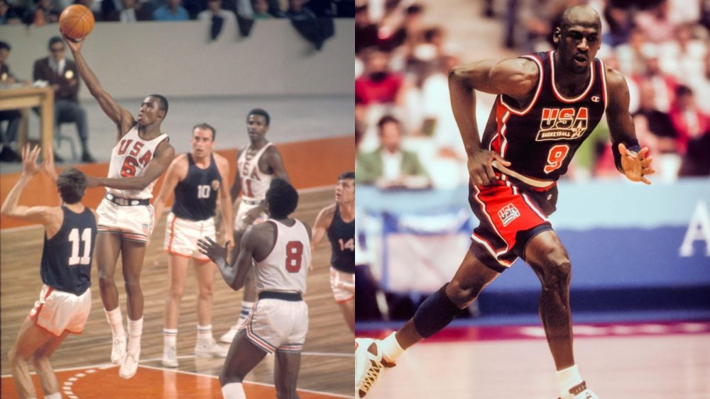 Jo Jo White of Team USA plays at the 1968 Mexico City Olympics; Michael Jordan of Team USA plays at the 1992 Barcelona Olympics, dream team, uniforms, basketball, jerseys, shorts, sneakers, Converse, Nike, Champion