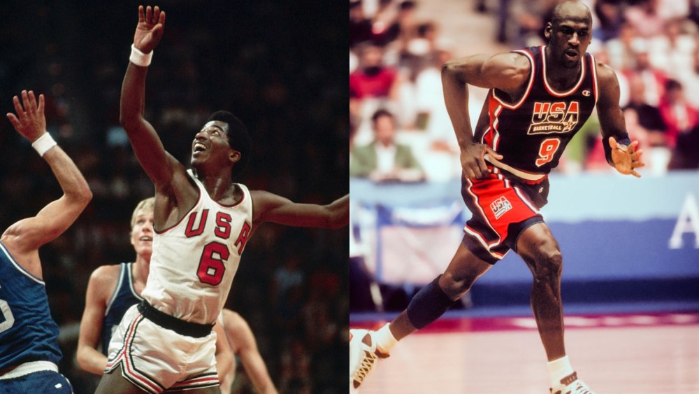 Tom Henderson of Team USA plays at the 1972 Munich Olympics; Michael Jordan of Team USA plays at the 1992 Barcelona Olympics, Nike, Champion, uniforms, jersey, shorts, sneakers
