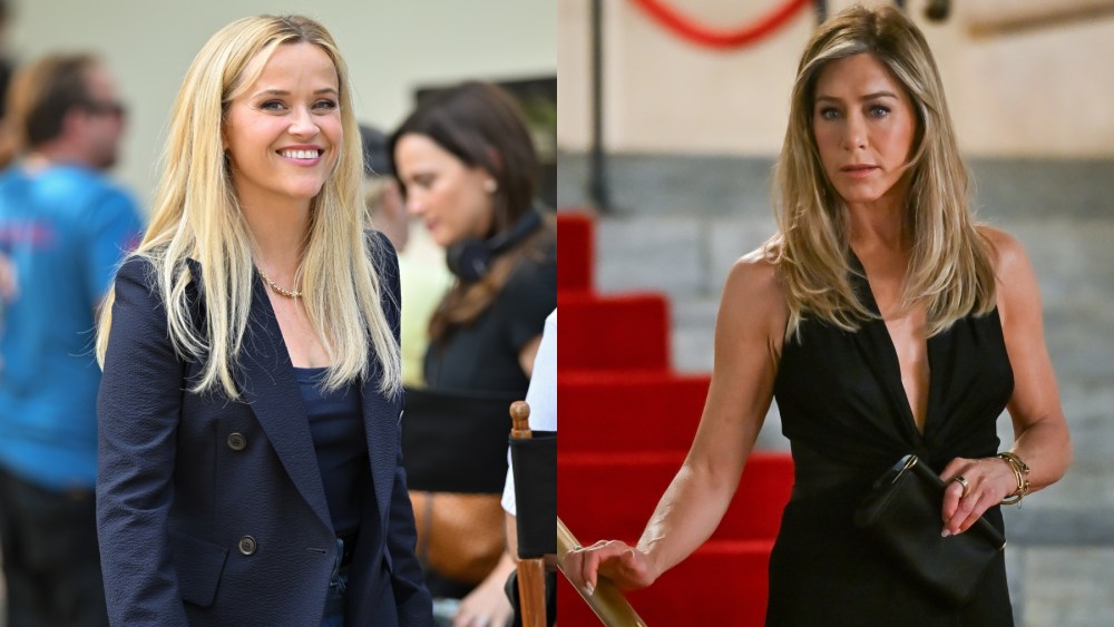 Reese Witherspoon and Jennifer Aniston on the set of "The Morning Show" season four in New York, Apple TV+, celebrity style