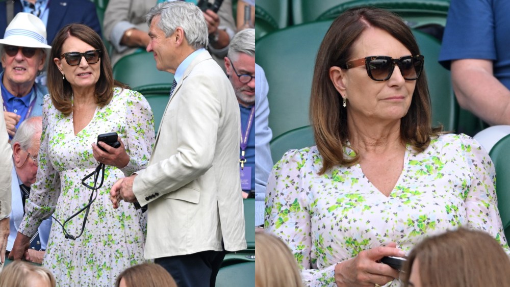 LONDON, ENGLAND - JULY 10: Carole Middleton and Michael Middleton attend day ten of the Wimbledon Tennis Championships at the All England Lawn Tennis and Croquet Club on July 10, 2024 in London, England. (Photo by Karwai Tang/WireImage)