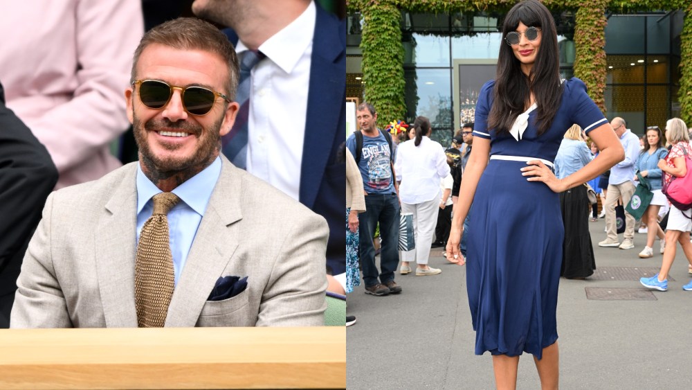 David Beckham, left and Jameela Jamil attends day one of the Wimbledon Tennis Championships at the All England Lawn Tennis and Croquet Club on July 01, 2024 in London.