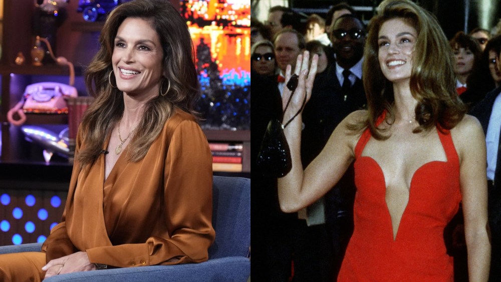 (L) Cindy Crawford on the July 24 episode of 'Watch What Happens Live.' (R) Cindy Crawford wears a red dress by versace at the 1991 Oscars.