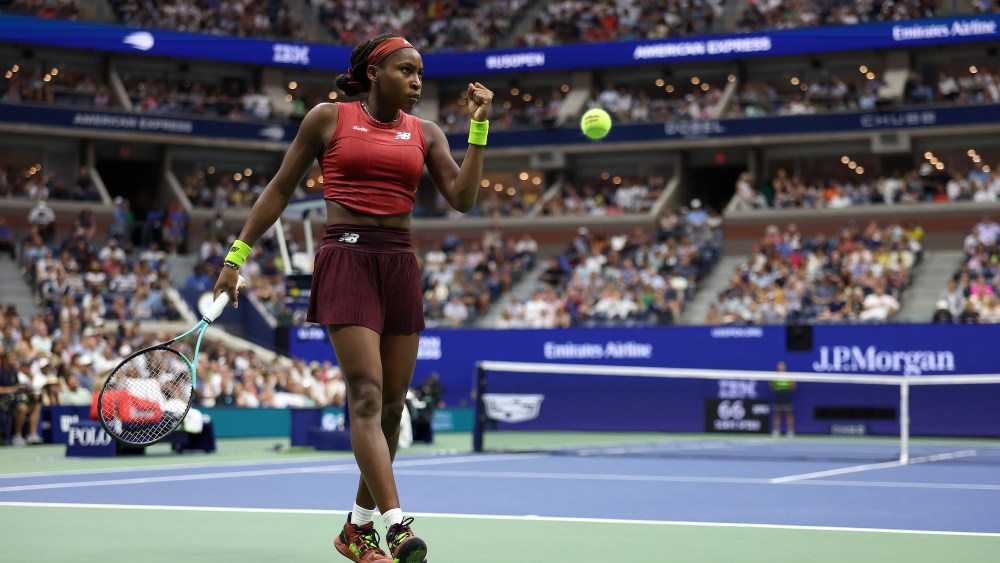 Coco Gauff of the United States celebrates a point against Aryna Sabalenka of Belarus during their Women's Singles Final match on Day Thirteen of the 2023 US Open at the USTA Billie Jean King National Tennis Center on September 09, 2023 in the Flushing neighborhood of the Queens borough of New York City. (Photo by Al Bello/Getty Images)