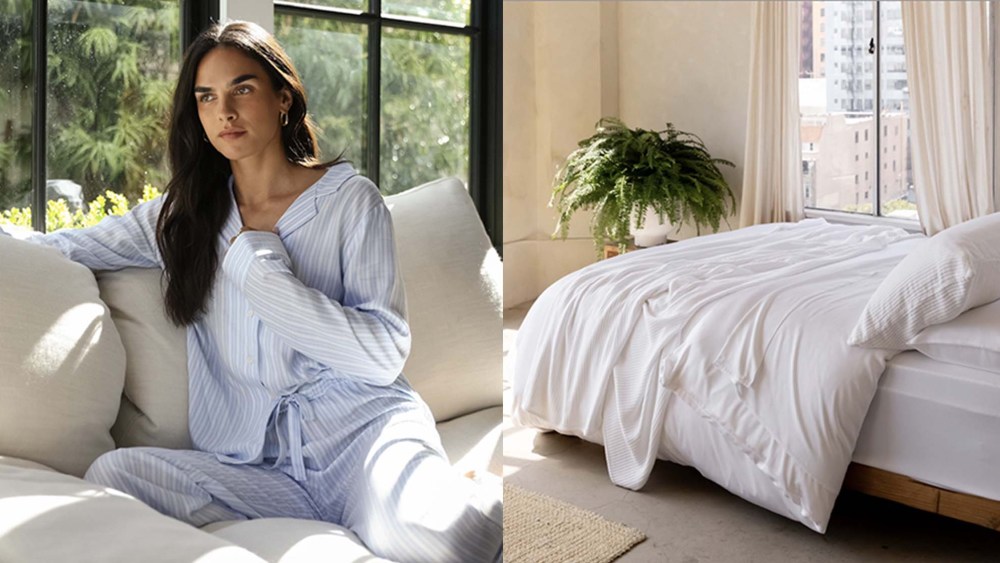 woman wearing pajamas; bedroom with white bedding