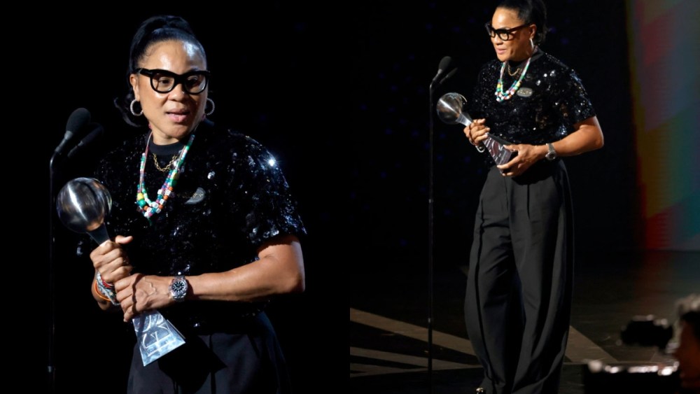 Dawn Staley accepts the Jimmy V Award for Perseverance onstage during the 2024 ESPY Awards.