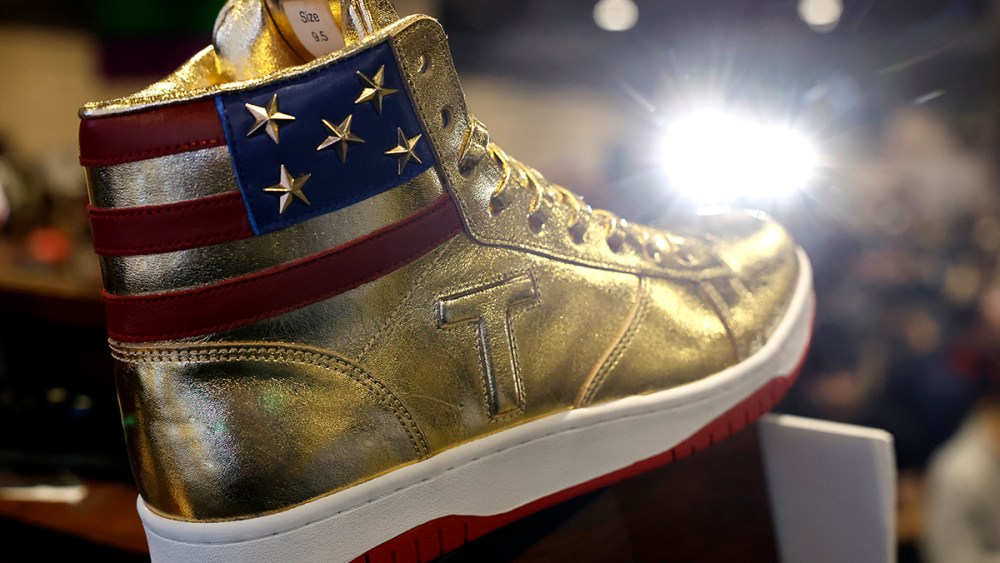 PHILADELPHIA, PENNSYLVANIA - FEBRUARY 17: Republican presidential candidate and former President Donald Trump introduced his new line of signature shoes at Sneaker Con at the Philadelphia Convention Center on February 17, 2024 in Philadelphia, Pennsylvania. Sneaker Con was founded in 2009 and is one of the oldest events celebrating sneakers, streetwear and urban culture. Trump addressed the event one day after a judge ordered the former president to pay $354 million in his New York civil fraud trial. (Photo by Chip Somodevilla/Getty Images)