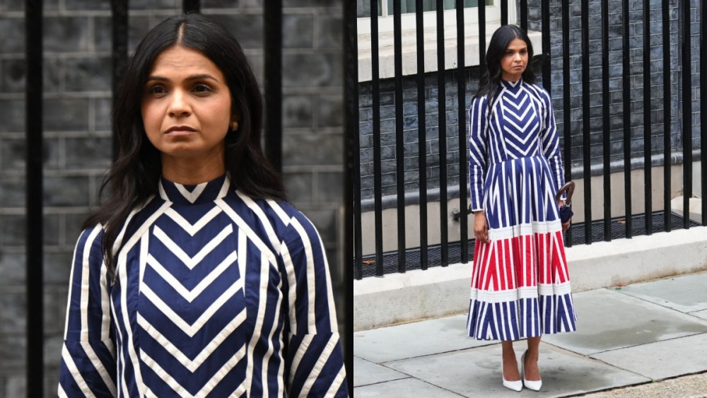 Prime Minister Rishi Sunak wife Akshata Murty outside 10 Downing Street looks on as they leave 10 Downing Street. She wore a ka-sha dress in the colors of the united kingdom flag in blue red and white.