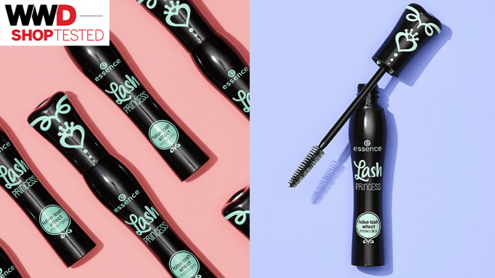 black and green mascara tubes over orange background; black and green mascara tube on purple background