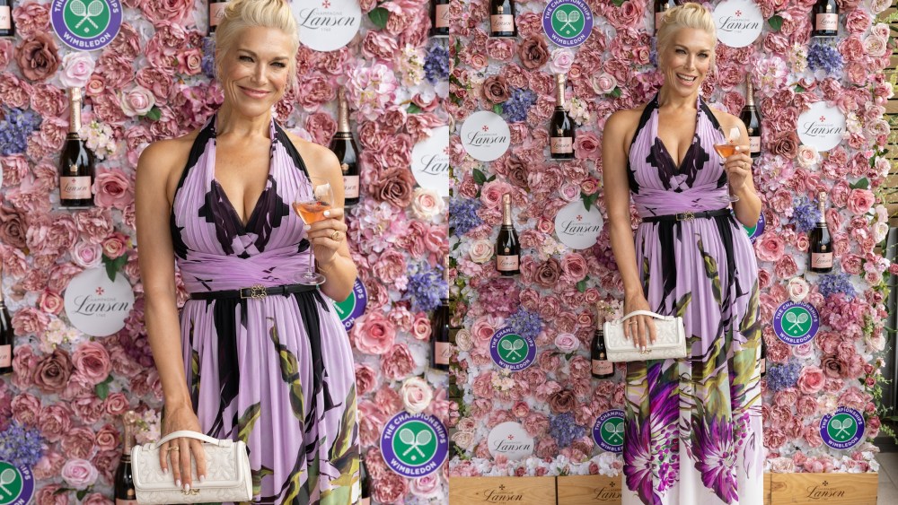 LONDON, ENGLAND - JULY 03: Hannah Waddingham celebrates with Champagne Lanson at The Championships at Wimbledon on July 3, 2024 in London, England. (Photo by Dave Benett/Getty Images for Champagne Lanson)