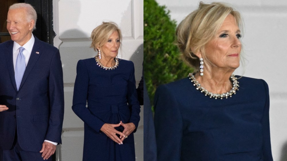 jill biden wears blue dress by jenny packham, French President Emmanuel Macron (R) looks at US President Joe Biden (2nd L), First Lady Jill Biden (2nd R) and NATO Secretary General Jens Stoltenberg (L) as the Bidens welcome guests for a dinner with NATO Allies and partners at the White House in Washington, DC, on July 10, 2024 on the sidelines of the NATO 75th anniversary summit. (Photo by SAUL LOEB / AFP) (Photo by SAUL LOEB/AFP via Getty Images)