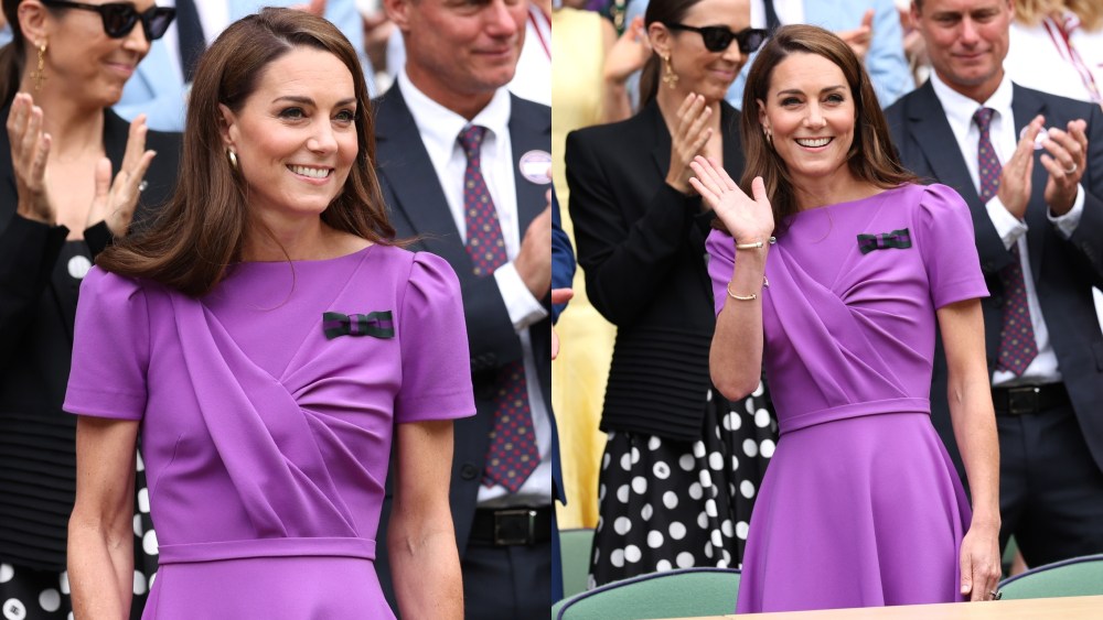 purple safiyaa dress, LONDON, ENGLAND - JULY 14: Catherine, Princess of Wales, Patron of The AELTC waves from the Royal Box ahead of the Gentlemen's Singles Final between Novak Djokovic of Serbia and Carlos Alcaraz of Spain during day fourteen of The Championships Wimbledon 2024 at All England Lawn Tennis and Croquet Club on July 14, 2024 in London, England. (Photo by Clive Brunskill/Getty Images)