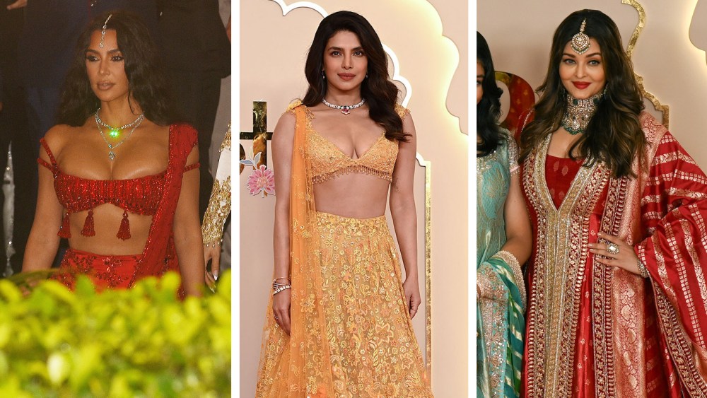 wedding guest outfits, Aishwarya Rai Bachchan, Kim kardashian, Priyanka Chopra Jonas at the wedding ceremony of billionaire Mukesh Ambani's son Anant Ambani and Radhika Merchant in Mumbai on July 12, 2024. 
