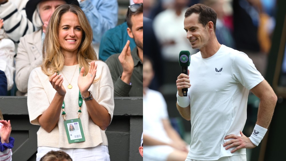 (Left) LONDON, ENGLAND - JULY 04: andy murray wife Kim Sears attends day four of the Wimbledon Tennis Championships at the All England Lawn Tennis and Croquet Club on July 04, 2024 in London, England. (Photo by Karwai Tang/WireImage) (Right) LONDON, ENGLAND - JULY 04: Sue Barker talks with Andy Murray of Great Britain following his defeat in the Gentlemen’s Doubles first round match with Jamie Murray against Rinky Hijikata and John Peers of Australia during day four of The Championships Wimbledon 2024 at All England Lawn Tennis and Croquet Club on July 04, 2024 in London, England. (Photo by Clive Brunskill/Getty Images)