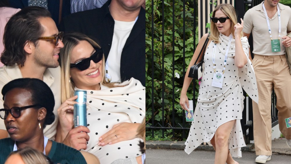 Margot Robbie, pregnant, and Tom Ackerley at Wimbledon on July 12 in London.