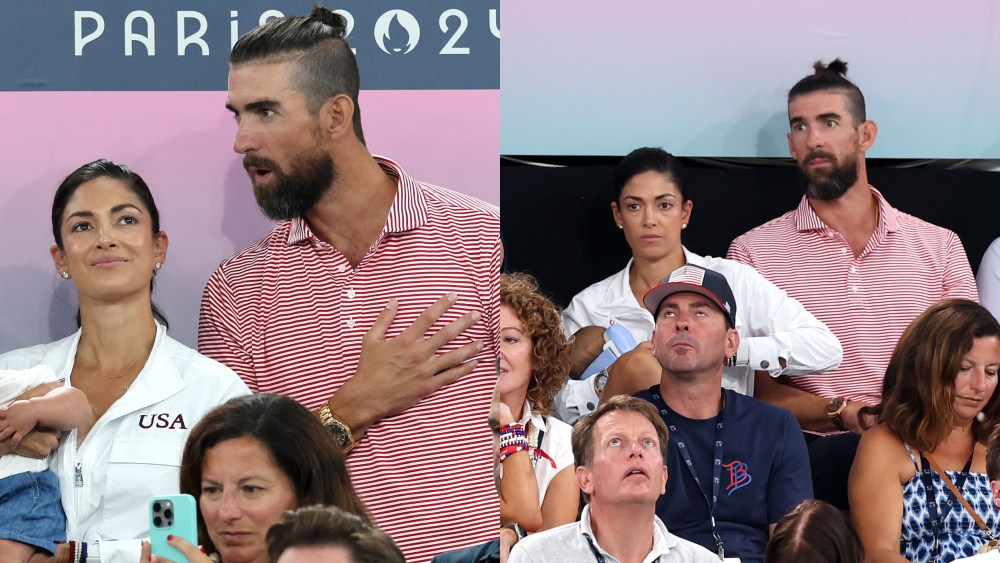american-inspired fashion, team usa jacket, Michael Phelps and wife Nicole and son Nico celebrates the gold medals of team United States during the Artistic Gymnastics Women's Team Final on day four of the Olympic Games Paris 2024 at Bercy Arena on July 30, 2024 in Paris.