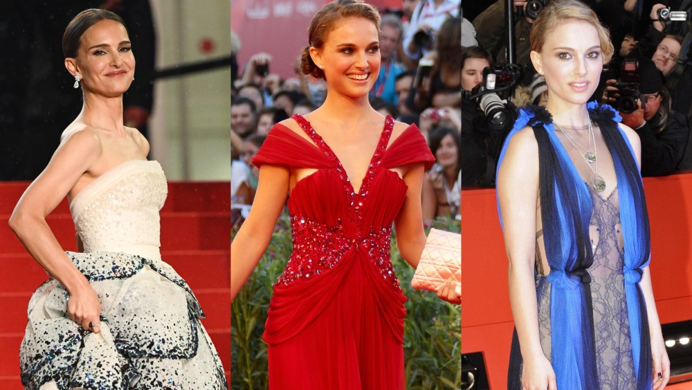 Natalie Portman red carpet style fashion and looks in 2023 (L), 2010 (C) and 2008 (R).