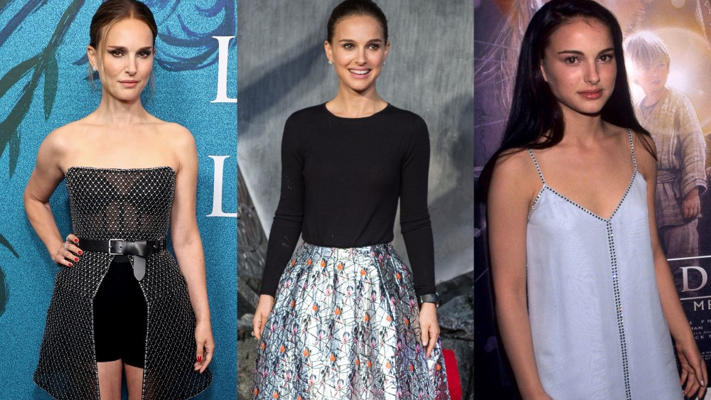 Natalie Portman style, fashion and outfits on red carpets in 2024 (L), 2013 (C) and 1999 (R).