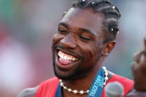 EUGENE, OREGON - JUNE 23: Noah Lyles reacts after winning the men's 100 meter final on Day Three 2024 U.S. Olympic Team Trials Track & Field at Hayward Field on June 23, 2024 in Eugene, Oregon. (Photo by Patrick Smith/Getty Images)