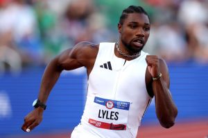 EUGENE, OREGON - JUNE 27: Noah Lyles competes in the first round of the men's 200 meters on Day Seven of the 2024 U.S. Olympic Team Track & Field Trials at Hayward Field on June 27, 2024 in Eugene, Oregon. (Photo by Patrick Smith/Getty Images)