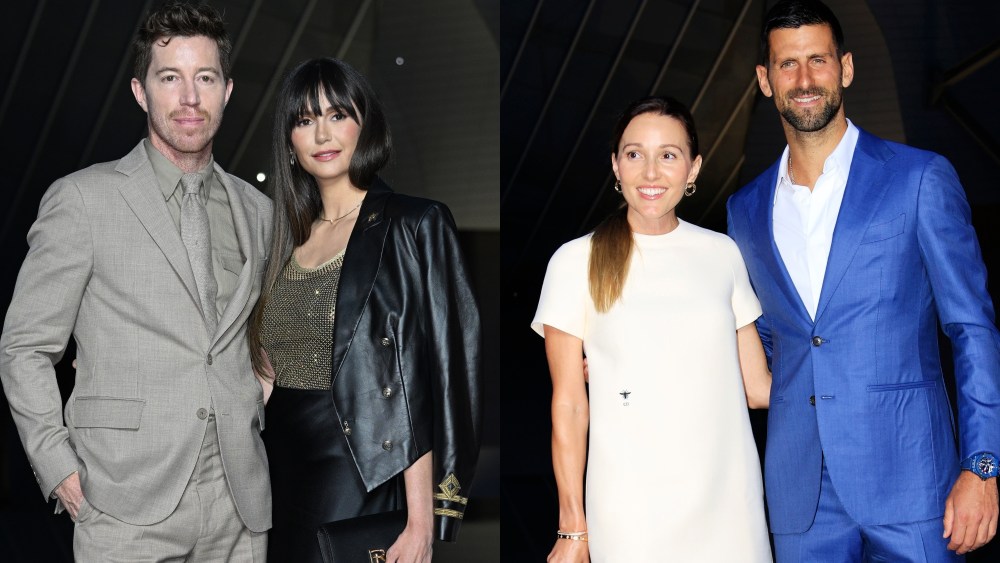 (L-R) Shaun White, Nina Dobrev, Jelena Djokovic, Novak Djokovic attend 'Prelude to the Olympics' at Fondation Louis Vuitton on July 25 in Paris. 2024