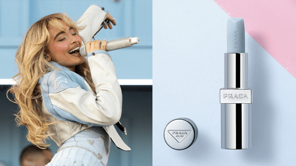 Sabrina Carpenter performing at Coachella 2024; blue lip balm in a silver tube on a blue and pink background