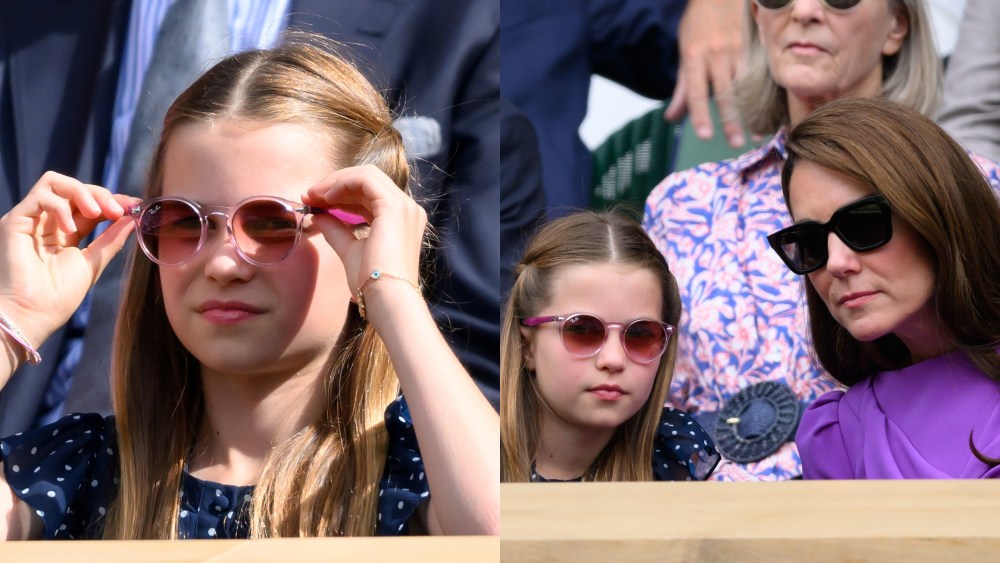 pink ray-ban sunglasses for kids, polka dot guess dress, bracelets, LONDON, ENGLAND - JULY 14: Princess Charlotte of Wales and Catherine, Princess of Wales court-side of Centre Court during the men's final on day fourteen of the Wimbledon Tennis Championships at the All England Lawn Tennis and Croquet Club on July 14, 2024 in London, England. (Photo by Karwai Tang/WireImage)