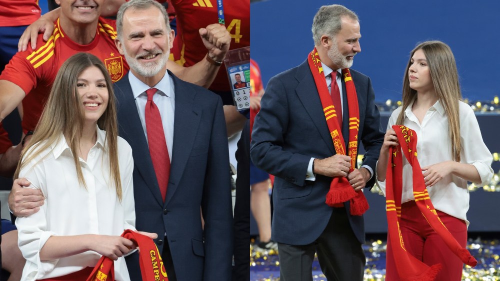 BERLIN, GERMANY - JULY 14: King Felipe VI of Spain and daughter Infanta Sofia of Spain during the trophy ceremony following the UEFA EURO 2024 final match between Spain and England at Olympiastadion on July 14, 2024 in Berlin, Germany. (Photo by Jean Catuffe/Getty Images)