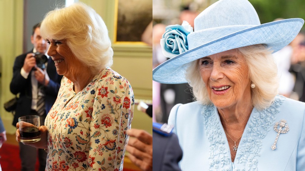 EDINBURGH, SCOTLAND - JULY 2: Queen Camilla speaks with Val McDermid (L) at a celebration for those who promote Scottish Literacy at the Palace of Holyroodhouse, which is part of his trip to Scotland for Holyrood Week on July 2, 2024 in Edinburgh, Scotland. (Photo by Andrew Milligan - WPA Pool/Getty Images) EDINBURGH, SCOTLAND - JULY 2: Queen Camilla during the Sovereign's Garden Party held at the Palace of Holyroodhouse, which is part of the King's trip to Scotland for Holyrood Week, on July 2, 2024 in Edinburgh, Scotland. (Photo by Jane Barlow - WPA Pool/Getty Images)