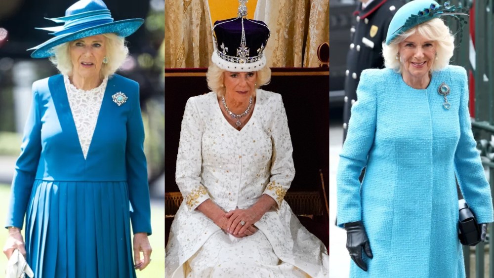 Queen Camilla at Royal Ascot in June 2024, on Coronation Day in May 2023 and at the Commonwealth Day Service in 2024.