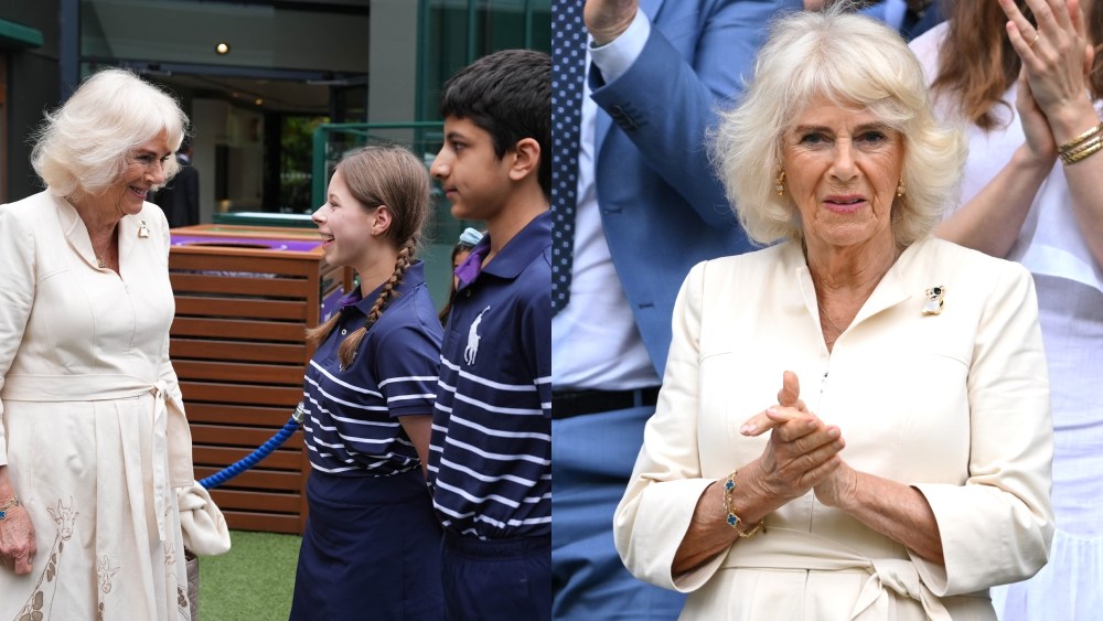LONDON, ENGLAND - JULY 10: Queen Camilla attends day ten of the Wimbledon Tennis Championships at the All England Lawn Tennis and Croquet Club on July 10, 2024 in London, England.