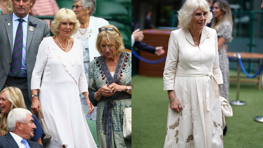 Queen Camilla attends Wimbledon in 2015 (L) and 2024 (R).