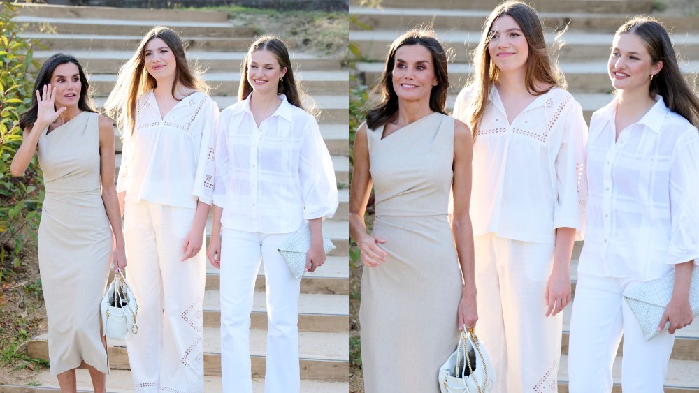mango dress, BARCELONA, SPAIN - JULY 09: (L-R) Queen Letizia of Spain, Princess Sofia of Spain and Crown Princess Leonor of Spain attend a meeting with winners of previous editions of the Princess of Girona Awards during the events of the XV anniversary of the Princess of Girona Foundation at the Melia Lloret de Mar Hotel on July 09, 2024 in Barcelona, Spain. (Photo by Carlos Alvarez/Getty Images)