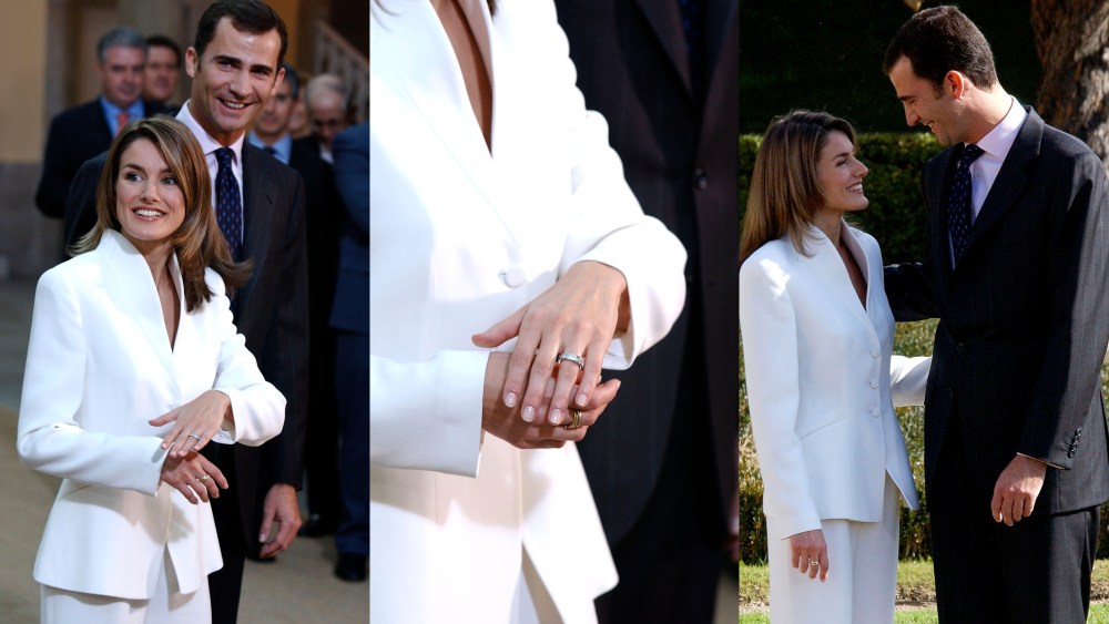 Queen Letizia and King Felipe VI of Spain at their engagement announcement on Nov. 6, 2003, queen letizia engagement ring