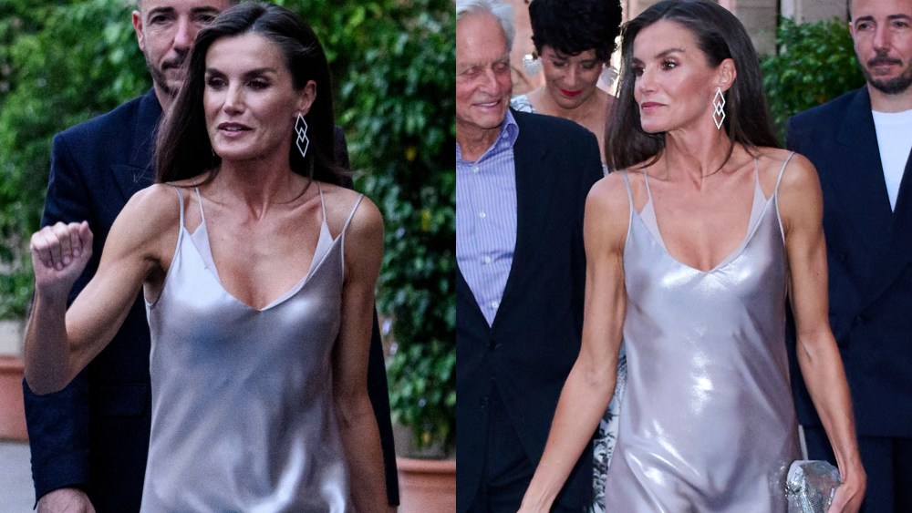 PALMA DE MALLORCA, SPAIN - JULY 28: Queen Letizia of Spain attends the 14th Atlantida Mallorca Film Fest 2024 closing ceremony at the La Misericordia cultural center on July 28, 2024 in Palma de Mallorca, Spain, silver boss dress, mango sandals heels