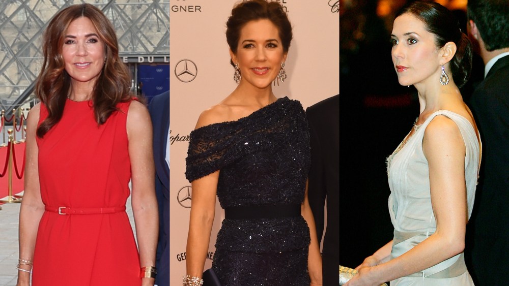 Queen Mary of Denmark dresses, fashion and style in 2024, left, 2014, right, and 2005.