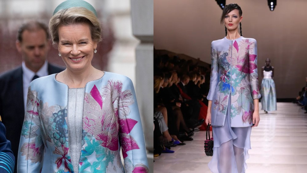 LONDON, ENGLAND - JULY 13: Queen Mathilde of Belgium during the annual Belgian Parade and Service of Remembrance to remember the fallen of Belgium and Great Britain in the World Wars at The Cenotaph on July 13, 2024 in London, England. (Photo by Mark Cuthbert/UK Press via Getty Images) Armani Privé Couture Spring 2024