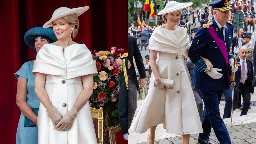BRUSSELS, BELGIUM - JULY 21: Queen Mathilde and King Philippe of Belgium wears natan couture dress to attend the Te Deum mass on the occasions of the Belgian national day on July 21, 2024 in Brussels, Belgium. (Photo by Geert Vanden Wijngaert/Getty Images)
