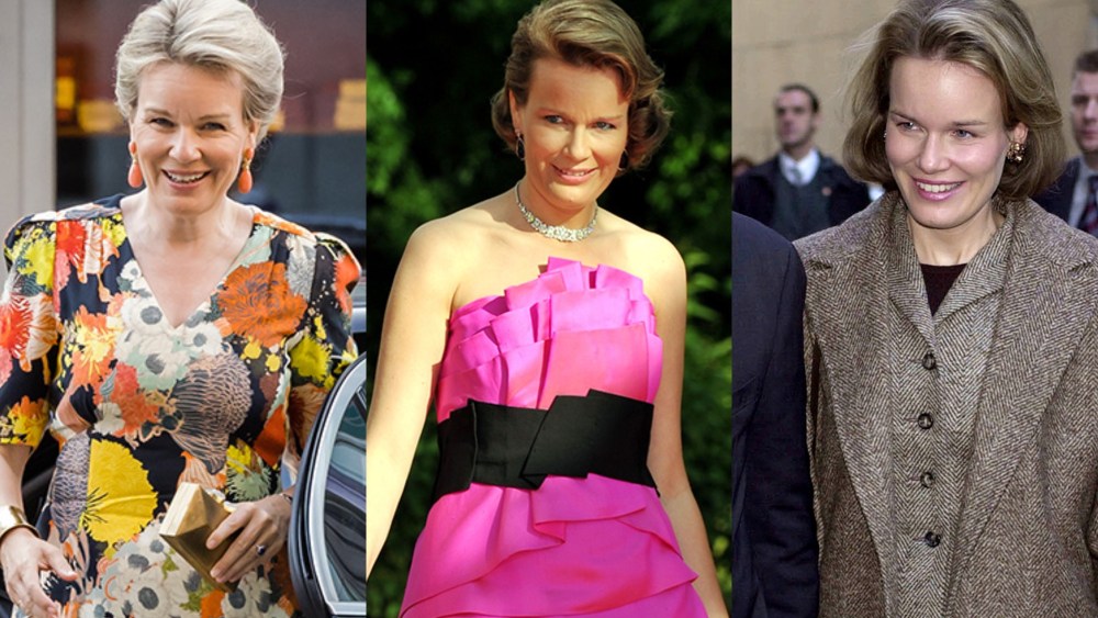 Queen Mathilde of Belgium in 2023 (L), 2010 (C), and 2002 (R).
