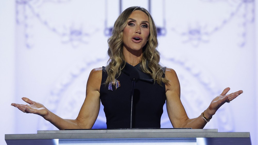 MILWAUKEE, WISCONSIN - JULY 16: Republican National Committee co-chair Lara Trump speaks on stage on the second day of the Republican National Convention at the Fiserv Forum on July 16, 2024 in Milwaukee, Wisconsin. Delegates, politicians, and the Republican faithful are in Milwaukee for the annual convention, concluding with former President Donald Trump accepting his party's presidential nomination. The RNC takes place from July 15-18. (Photo by Alex Wong/Getty Images)