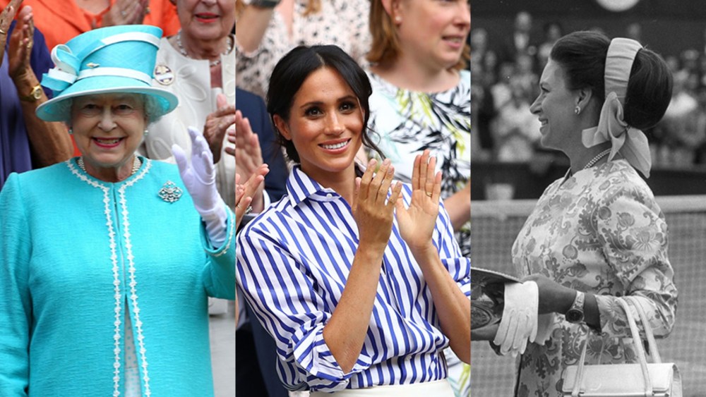 (L-R) Queen Elizabeth II at Wimbledon in 2010, Meghan Markle at Wimbledon in 2018 and Princess Margaret at Wimbledon in 1970.