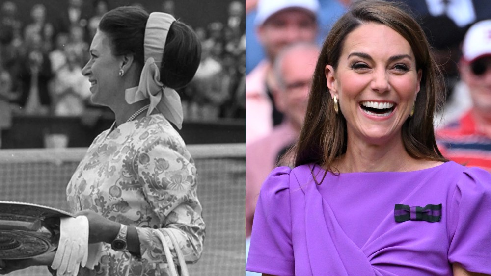 (L) Princess Margaret at Wimbledon in 1970. (R) Kate Middleton at Wimbledon in 2024 in purple safiyaa dress.