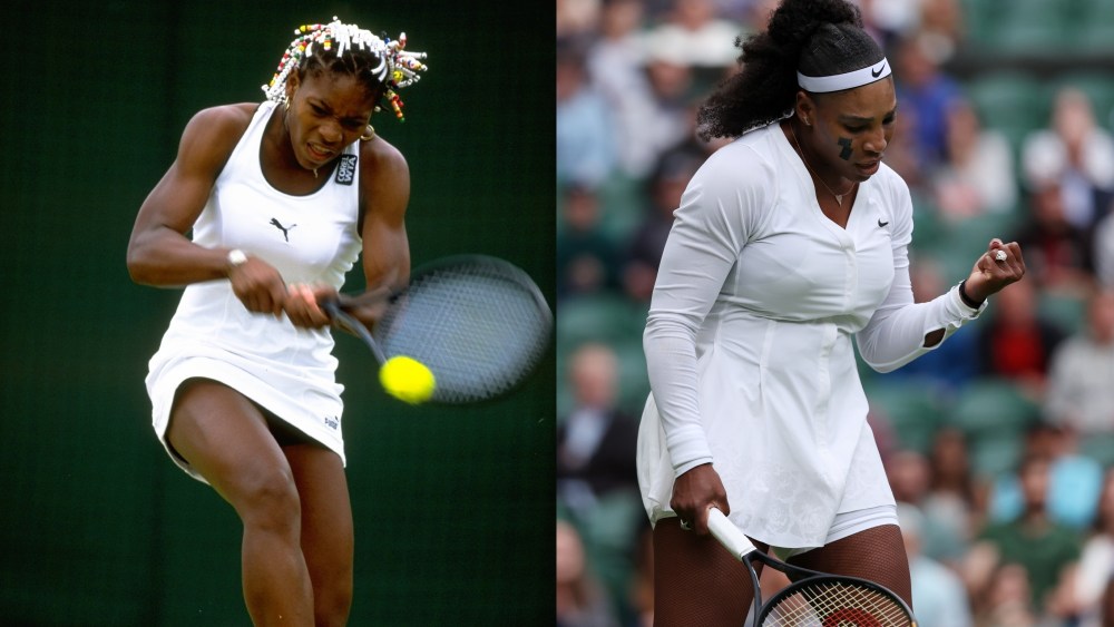 Serena Williams at Wimbledon outfits in 1998 (L) and 2022 (R).