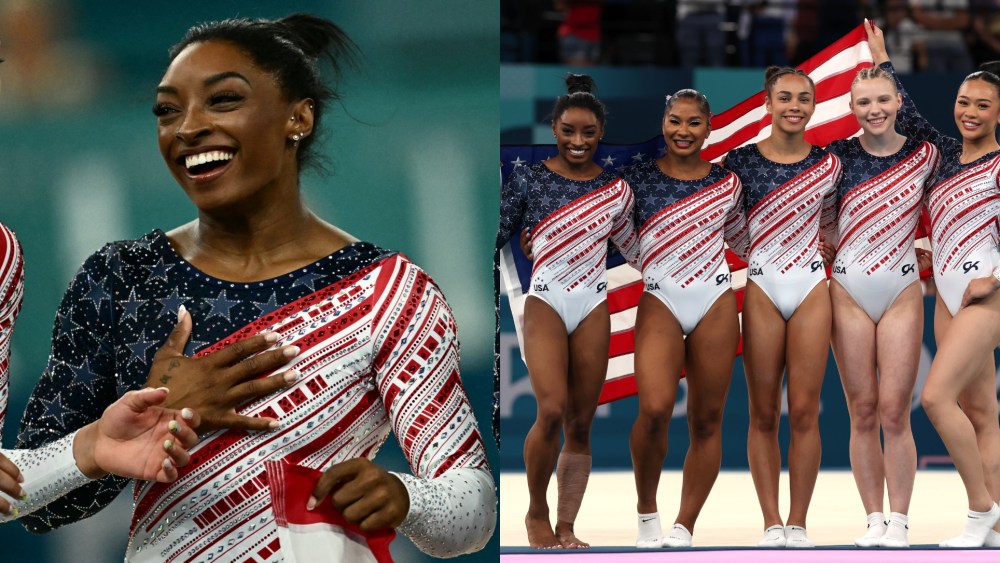 Simone Biles of Team United States reacts after competing on the vault during the Artistic Gymnastics Women's Team Final on day four of the Olympic Games, team usa wins gold, Jordan Chiles, Hezly Rivera, Jade Carey, Sunisa Lee