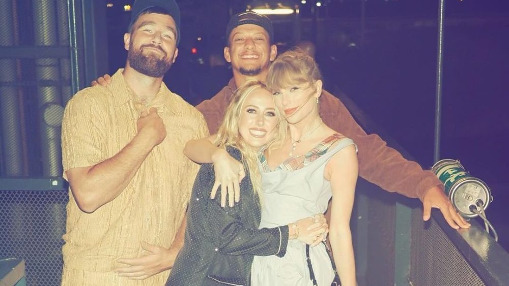 L to R: Travis Kelce, Brittany Mahomes, Patrick Mahomes and Taylor Swift, instagram, butter yellow, Vivienne Westwood, Chinese Laundry