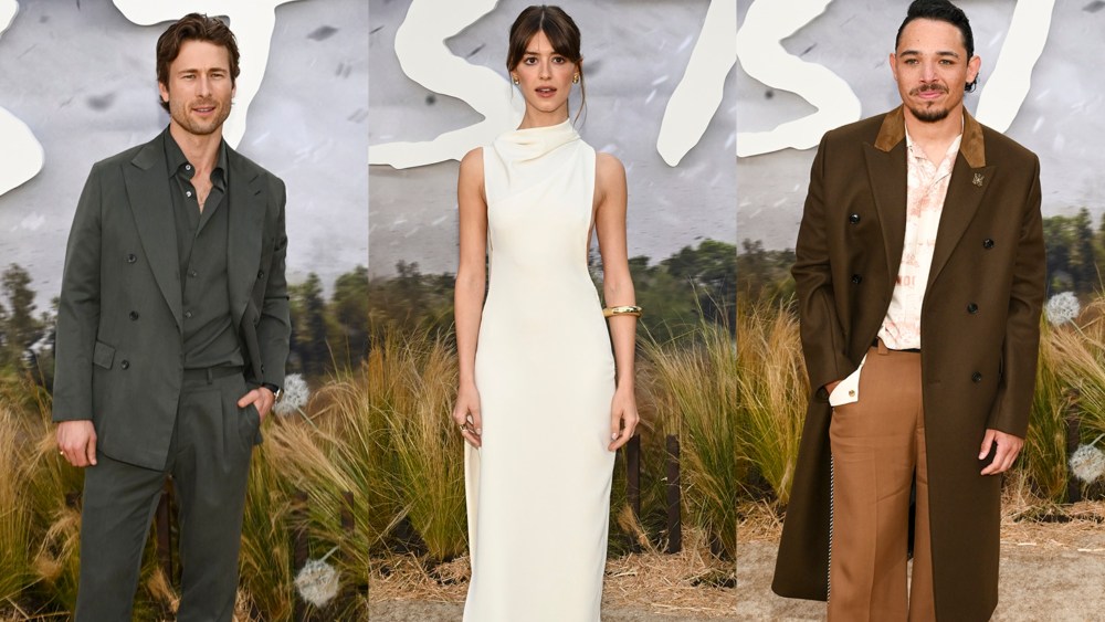 (L-R) Glen Powell, Daisy Edgar-Jones and Anthony Ramos at the premiere of "Twisters" on July 11 in Los Angeles.